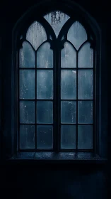 Gothic arched window absorbs cold blue nocturnal haze.