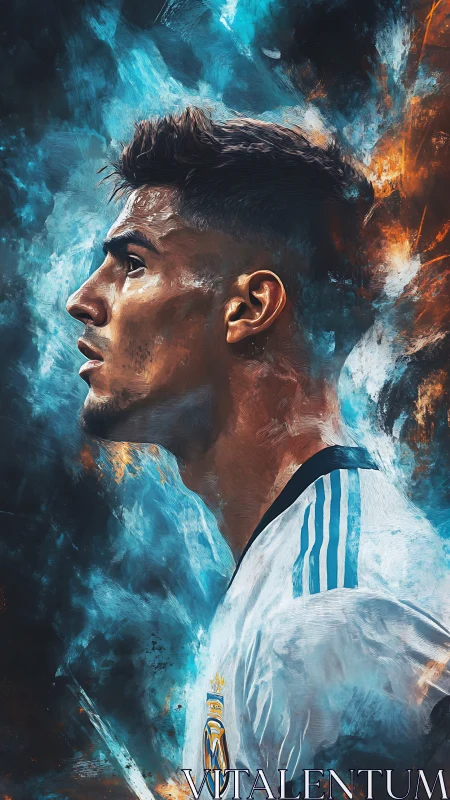 Blazing football titan framed in stormy blue fire halo.