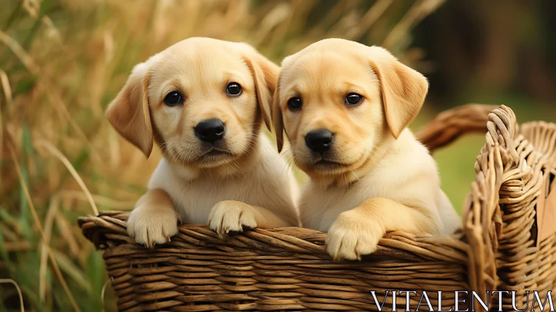 Golden labrador puppies rest together in a rustic basket.
