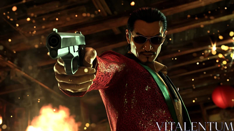 Gunman in red blazer framed by explosive cinematic bokeh.