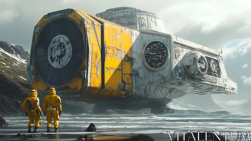 Tide-locked lander hovers above icy shore in yellow hush.