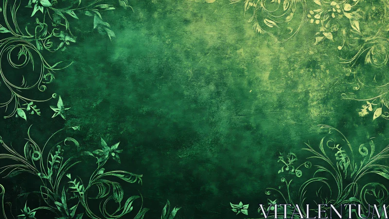 Green textured background incorporates ornamental floral borders