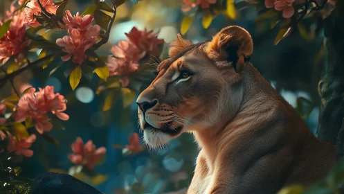 Serene lioness rests in soft blossoms and dreamy forest light