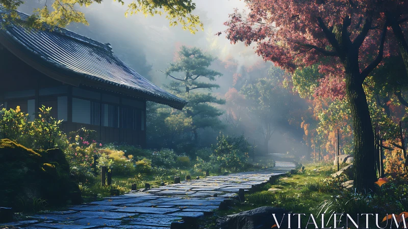 Stone path beside traditional house in misty forest garden.
