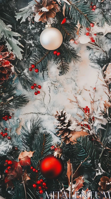 Festive pine branches with frosted cones and ornaments.