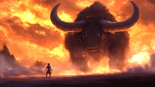 Lone warrior confronts colossal horned beast in burning sky