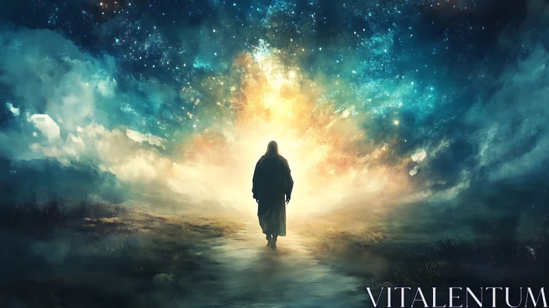 Solitary robed figure on path before luminous cosmic sky.