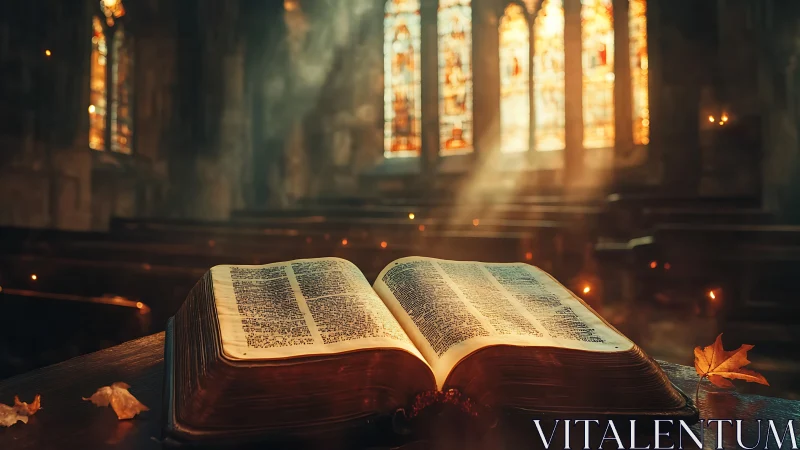 Photorealistic open Bible in cinematic cathedral light study.