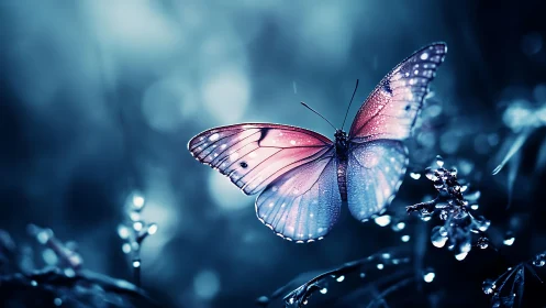 Bioluminescent butterfly rendered in cool cyan and magenta bokeh
