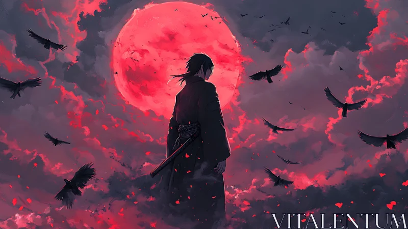 Scarlet moonlit swordsman amid swirling storm crows.