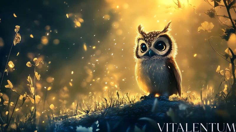 Stylized owl sits on forest floor under strong golden light