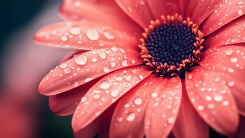 Coral Gerbera Daisy with Dew Droplets and Orange Stamens.
