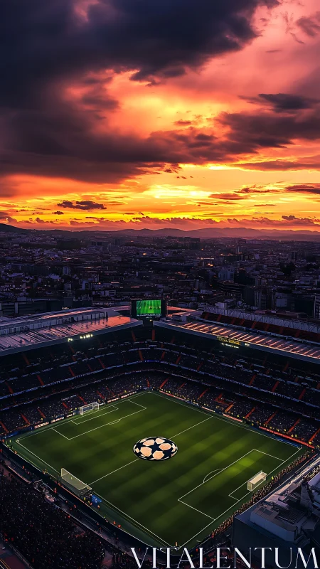 Sunset sky blazes above illuminated football stadium.