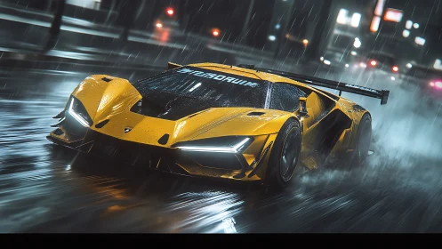 Yellow racing supercar on wet city street in heavy rain.