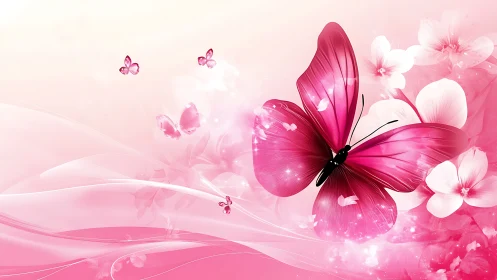 Pink butterfly glides through luminous floral waves