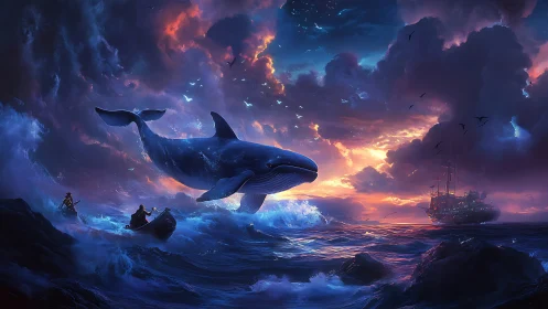 Majestic blue whale rises from stormy sunset sea