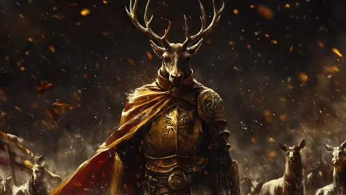 Stag knight warlord in ember storm with golden armor.