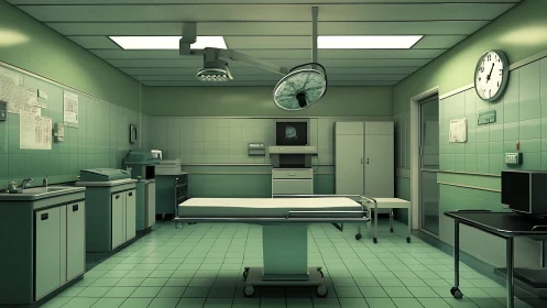 Sterile green-tiled operating room with ceiling-mounted surgical lighting