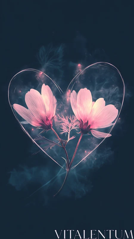 Pink flowers contained within translucent heart outline on dark background.