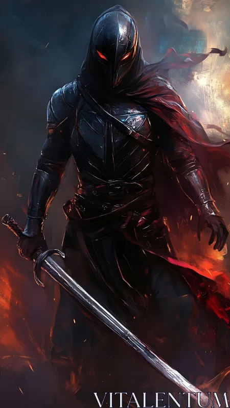 Midnight blade bearer stepping from embers and shadow.