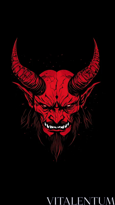 Crimson horned demon portrait glowing from deep shadow.