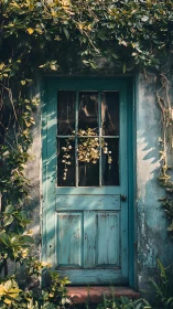 Weathered teal door quietly trades secrets with climbing ivy