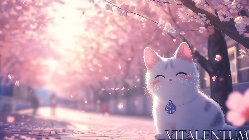 White cartoon cat under cherry blossoms on city path.