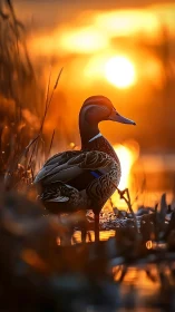 Mallard drake in shallow wetland at golden hour sunrise