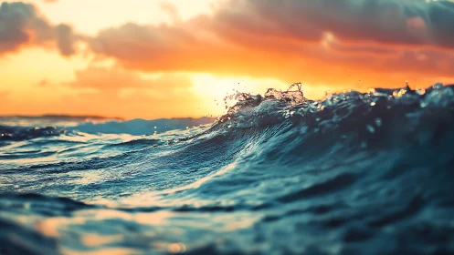 Sunlit ocean wave crests under vivid burning sunset sky.