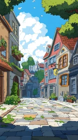 Sunlit cobblestone street in stylized European village perspective.
