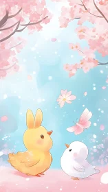Pastel chick and bird under blooming cherry blossoms in spring