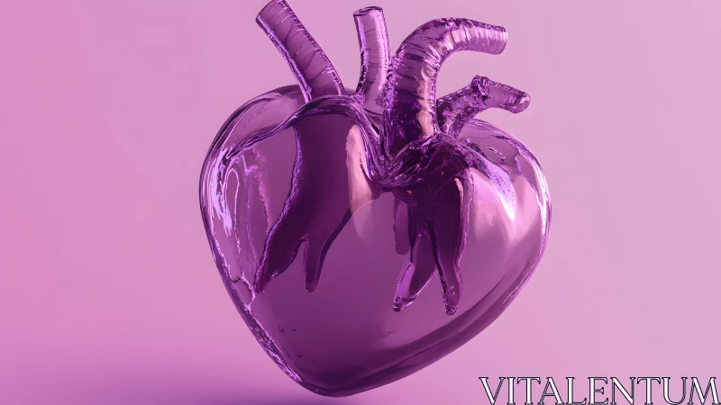 Glassy purple anatomical heart on soft pink background, digital art.