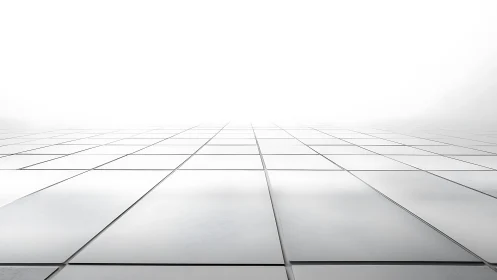 Minimalist glass grid fades into bright white horizon.