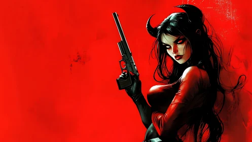 Devil-horned femme fatale grips pistol on crimson field.