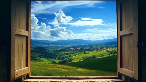 Wooden window frame overlooks cultivated hills and distant town