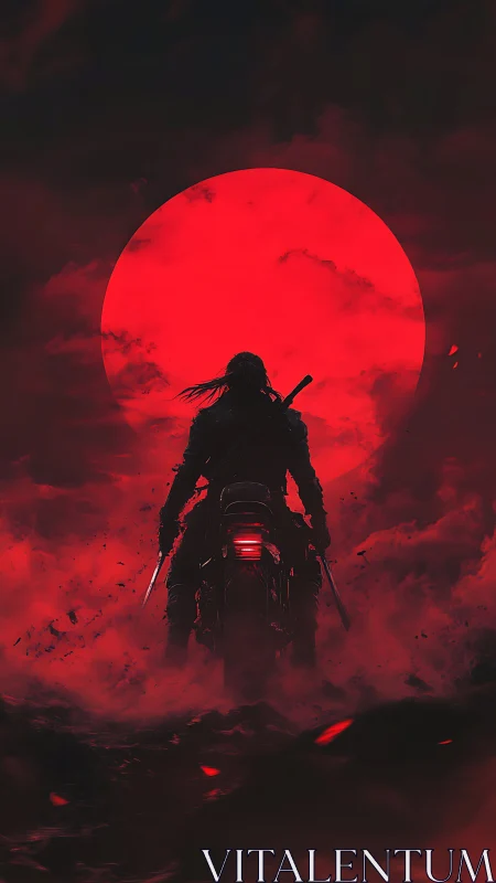 Silhouetted cyber ronin on motorcycle before blood-red moon