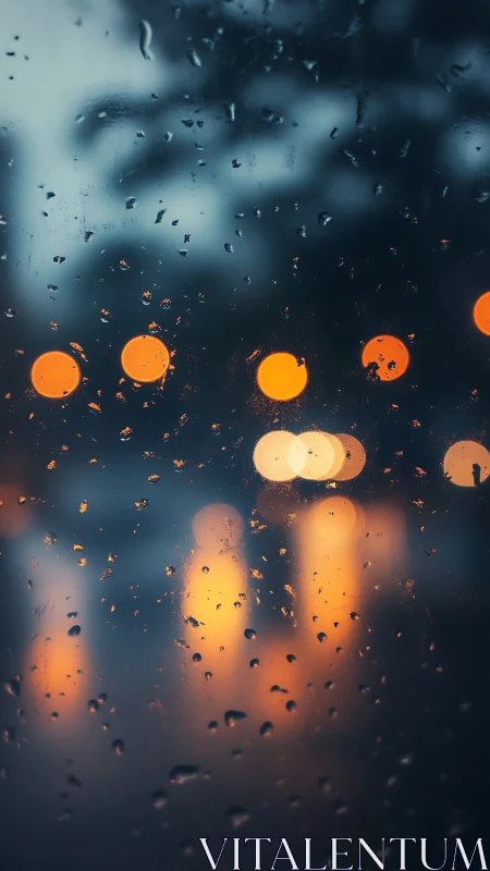 Raindrops on glass with blurred city lights at night.