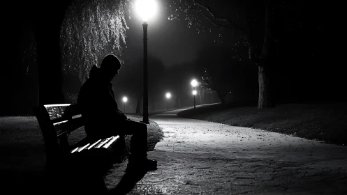 Solitary figure rests on park bench under stark lamplight.