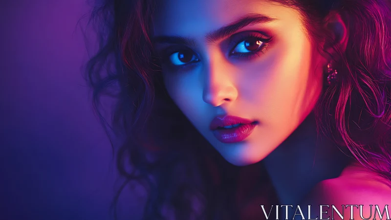 Neon-lit gaze sculpted in electric twilight color storms.