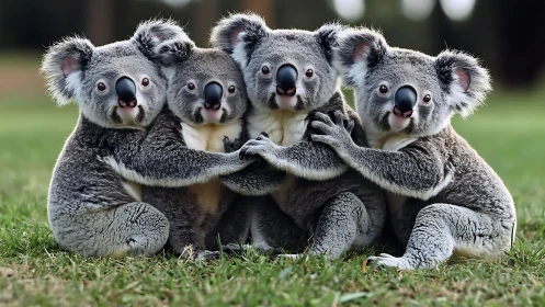 Four koalas sit on grass closely huddled in a tight embrace