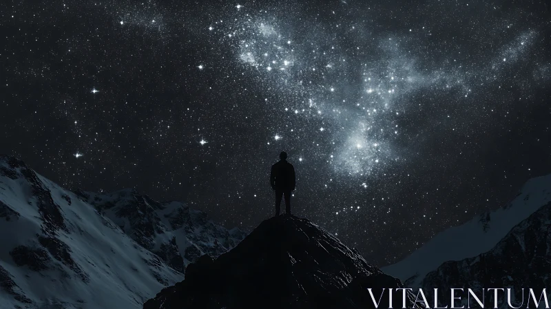 Silhouette on mountain peak under dense luminous starfield
