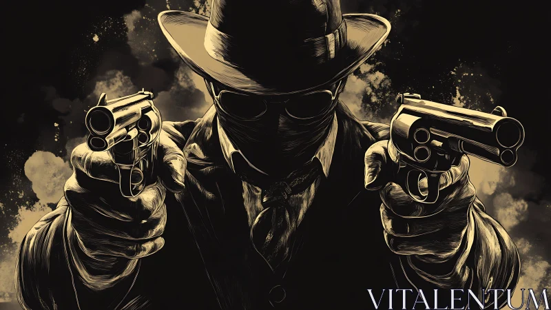 Noir gunman confronting viewer with twin revolvers drawn.