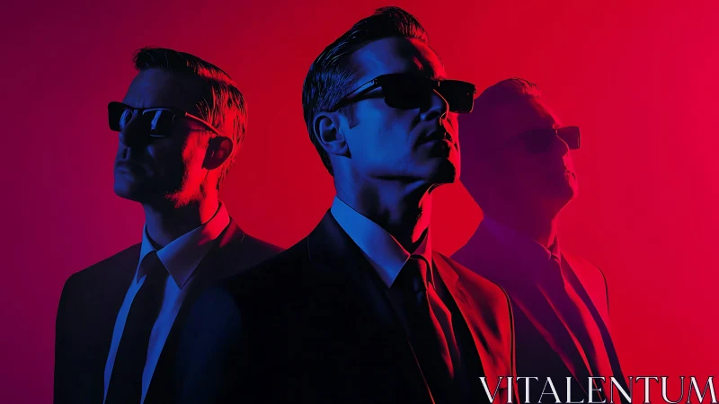 Triadic suited figures in neon magenta cyan split lighting