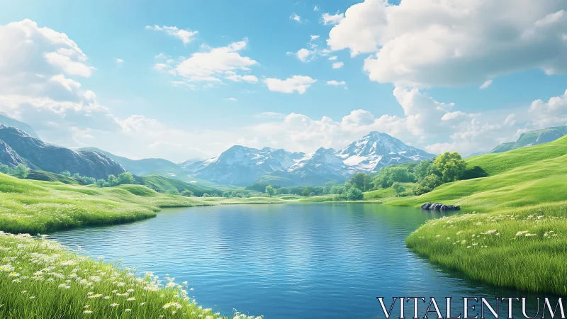 High dynamic range alpine lake amid lush grasslands and clouds