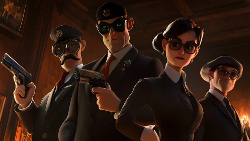 Stylized armed agent team in dark formal attire.