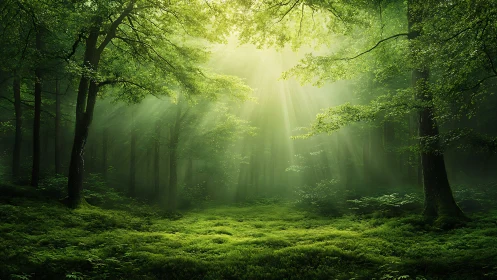 Sunlit Forest Cathedral: Radiant Beams Through Ancient Woodlands