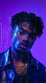 Moody portrait bathed in neon blue and violet light.