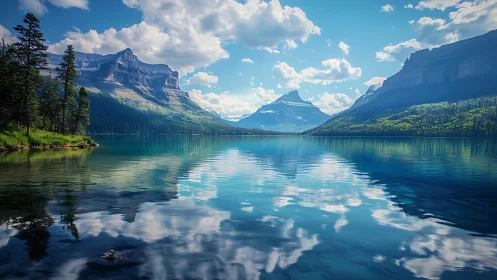 Mountain lake reflects stratified peaks under scattered clouds