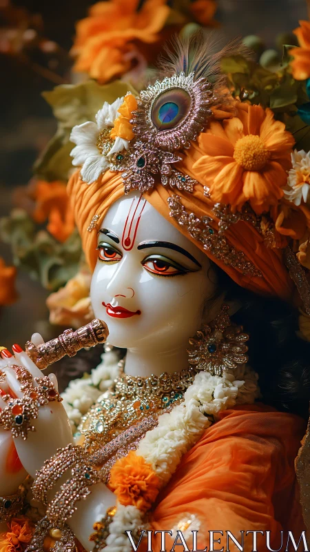 High-detail Krishna deity statue with ornate floral adornment