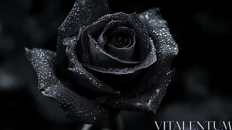 Midnight black rose glistening softly with silvery raindrops.